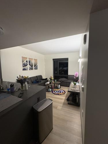 Living room and bar table with 2 barstools (hidden under table)