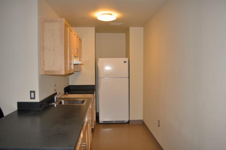 Long kitchen with a large fridge and gray counter tops.