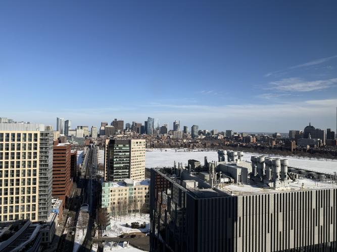 Winter view of the frozen Charles from the living room and bedroom window