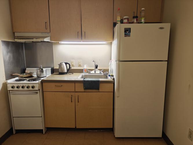 Kitchen area comprising electric stove-tops, oven, sink, and large refrigarator