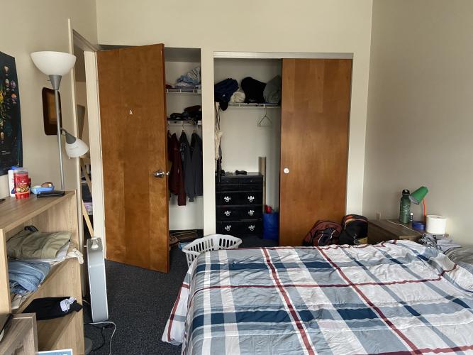 Bedroom with sizable closet, including chest drawer, night stand, and bookcase.
