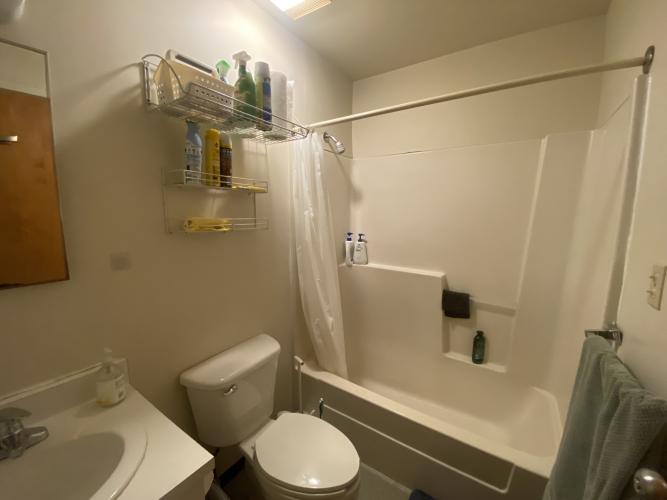Clean bathroom stocked with cleaning supplies.