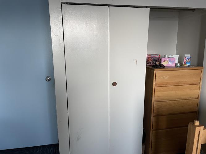 The closet and doorway of the bedroom.
