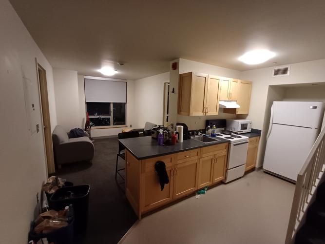 Wide view of kitchen/living space