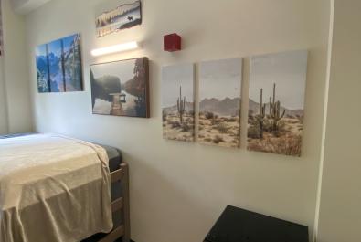 Corner view of room bed and fridge